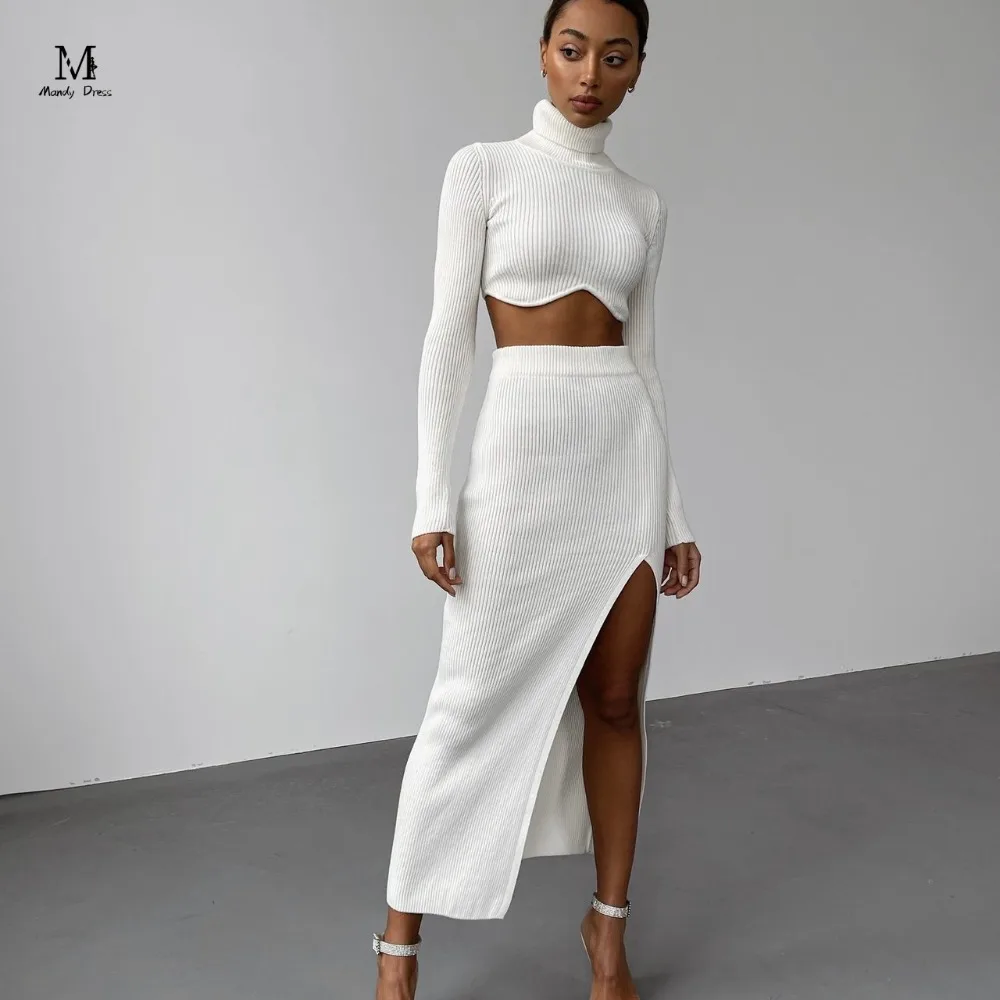 Chic Women Knitted Set Crop Tops and Skirt Clothing Autumn Winter Y2K Slim Sexy Street Fashion 2 Two Piece Outfits