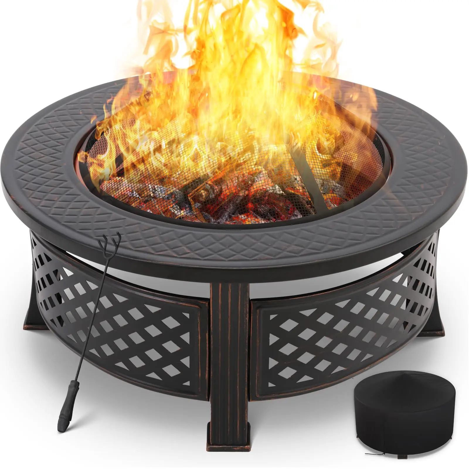 80.5cm Runde Feuerschale für den Garten,Outdoor Feuerschale multifunktional,Feuerstelle mit funkenschutz,Grillrost,Schürhaken,Wetterfeste groß für BBQ, Heizung,Terrasse,Lagerfeuer