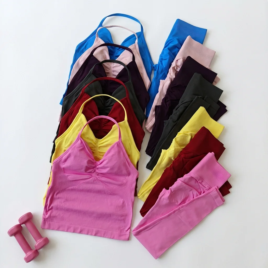 2-teiliges Yoga-Set für Damen: Rückenfreies Neckholder-Top, Hochgeschnittene Nahtlose Shorts, Fitness-Sportbekleidung, Workout-Set – Detail 16