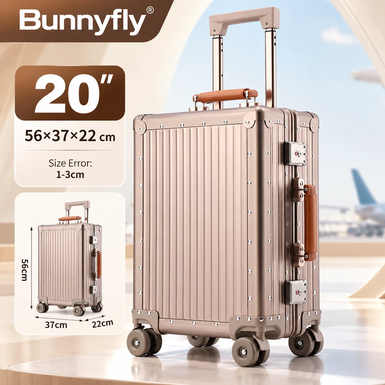 Bunnyfly Aluminum Frame Luggage TSA Lock 360° Spinner Wheels Hard Shell Travel Suitcase Carry On