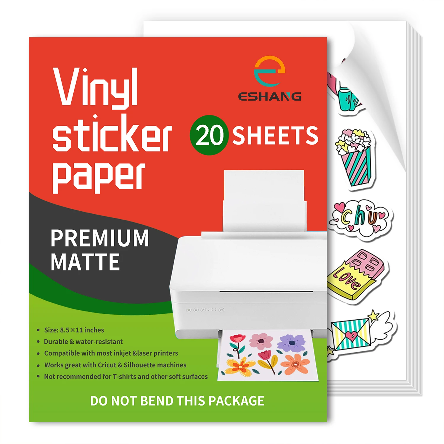 ESHANG A4/Letter High Matte Printable Vinyl Sticker Paper for Inkjet Printer Self-Adhesive Sheets Dries Quickly