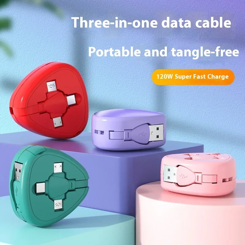 120W 6A 3 in 1 Super Fast Charging Data Cable Portable Retractable USB Micro Type-C Cable For Apple Xiaomi Samsung Huawei
