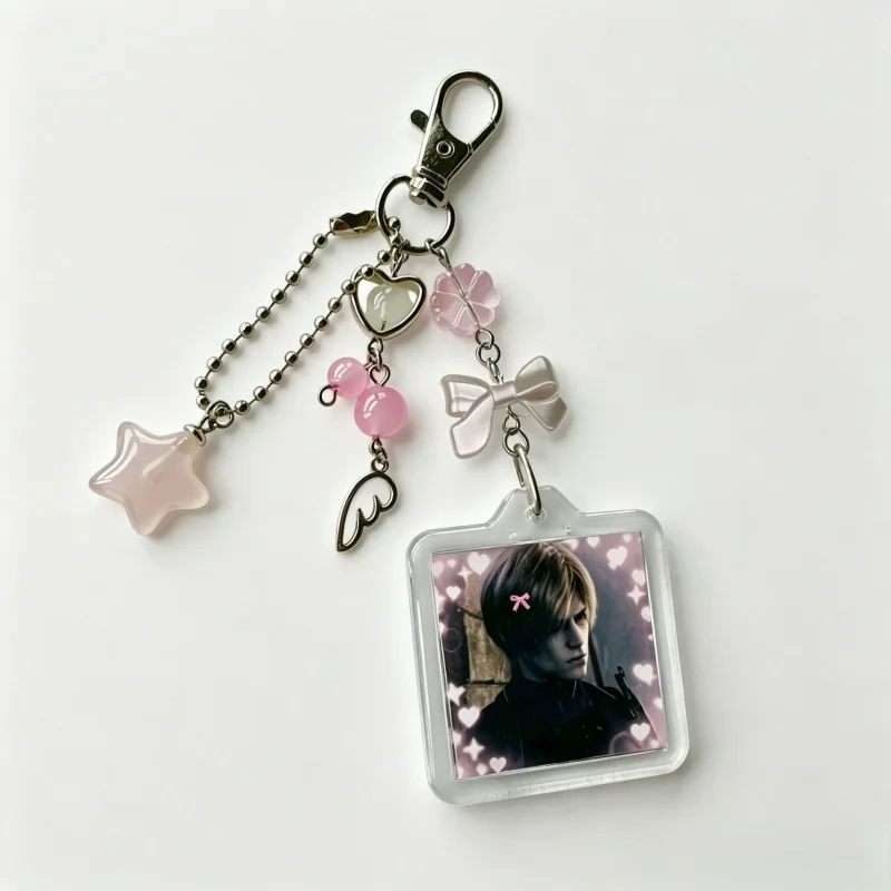 Handmade Coquette Leon inspired Keychain, Pink Star & Bow Beaded Bag Charm video game accessory