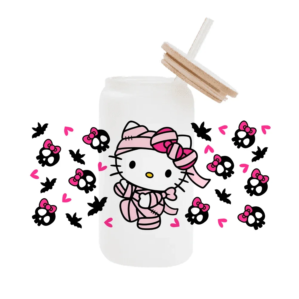 

Halloween Hello Kitty New Halloween Pumpkin Head Cartoon UV DTF Cup Mug Wraps Sticker DIY 3D Deca For 16oz Libbey Glass