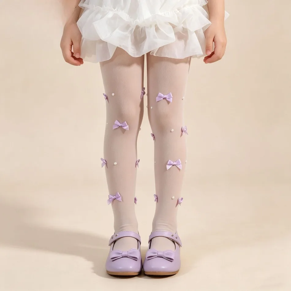 Girls Sheer Tights 3D Bow Pearl Decor Elegant Soft Stretchy Kids Flower Girl Ceremony Birthday Party Princess Dress Socks XH42
