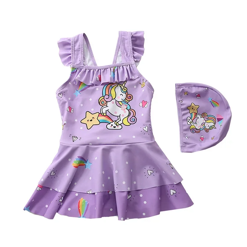 Kids Girls Swimsuit Cartoon Princess Mermaid Unicorn One-Piece Swimming Dress + Hat Swimwear Summer Beach Children Swimsuits