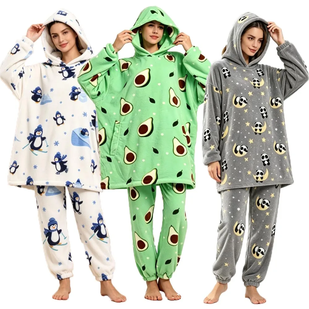Winter Pajamas for Woman / Man Warm Plush Hooded Pijamas Pants Set Couple Pajama Matching White Green Avocado Panda Home Clothes