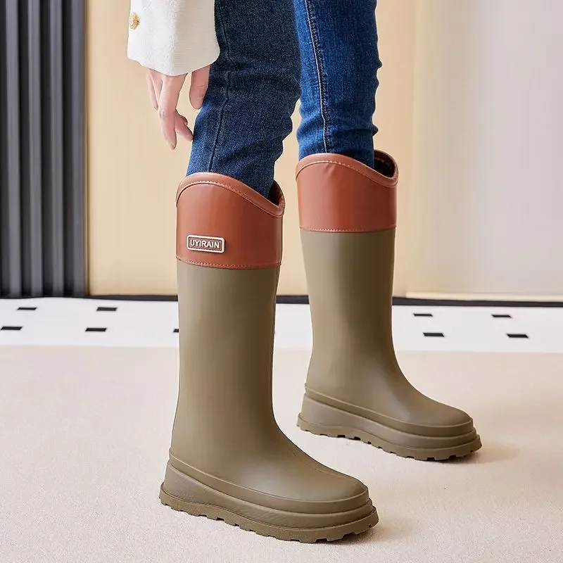 

Women's High Calf Rubber Work Boots Color Blocked Waterproof Abrasion Resistant Anti Slip Thick Sole for Outdoor Kitchen