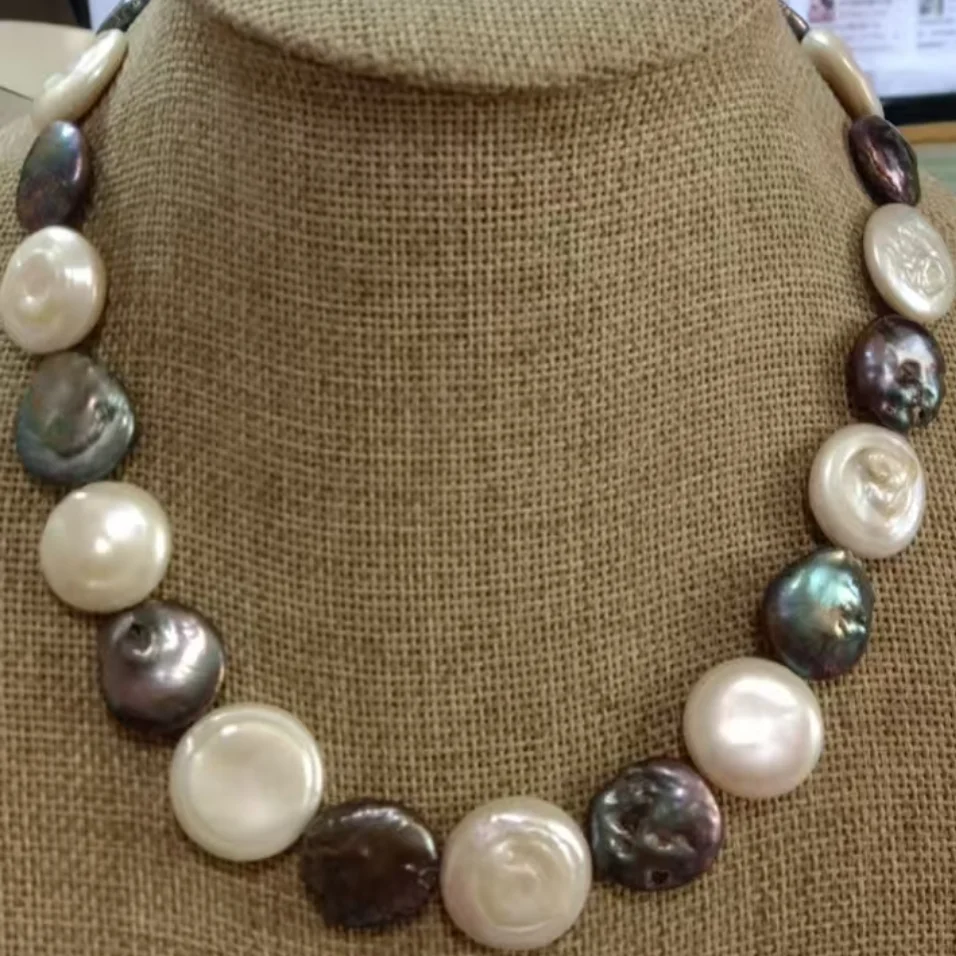 

18" Genuine Black White Pearl Necklace Large 16-18mm Pearls
