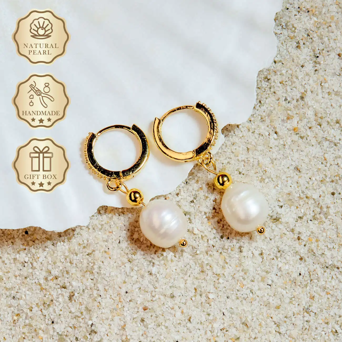 

MYSOYA White Freshwater Pearl Earrings, 9–10mm Pearls with Gold Round Clasp, Gift Box, Perfect Birthday Gift