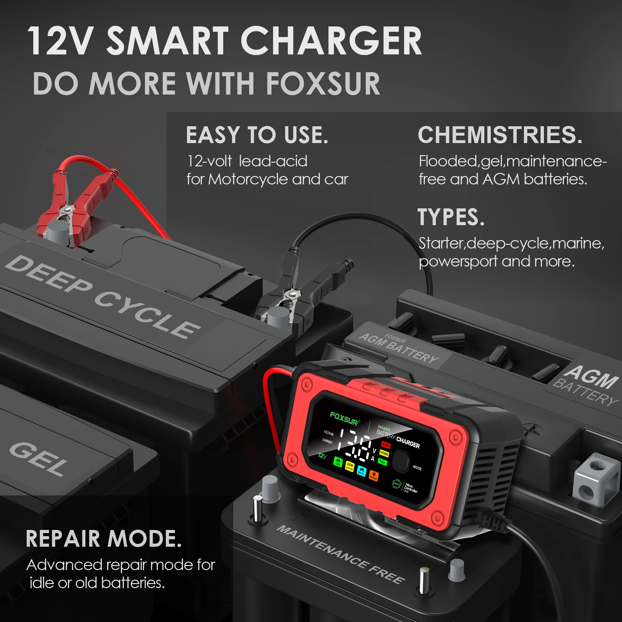 FOXSUR 12V 7A Smart Car Motorcycle Battery Charger Automatic Battery Charger for Auto Lead Acid Battery Maintainer with Repair