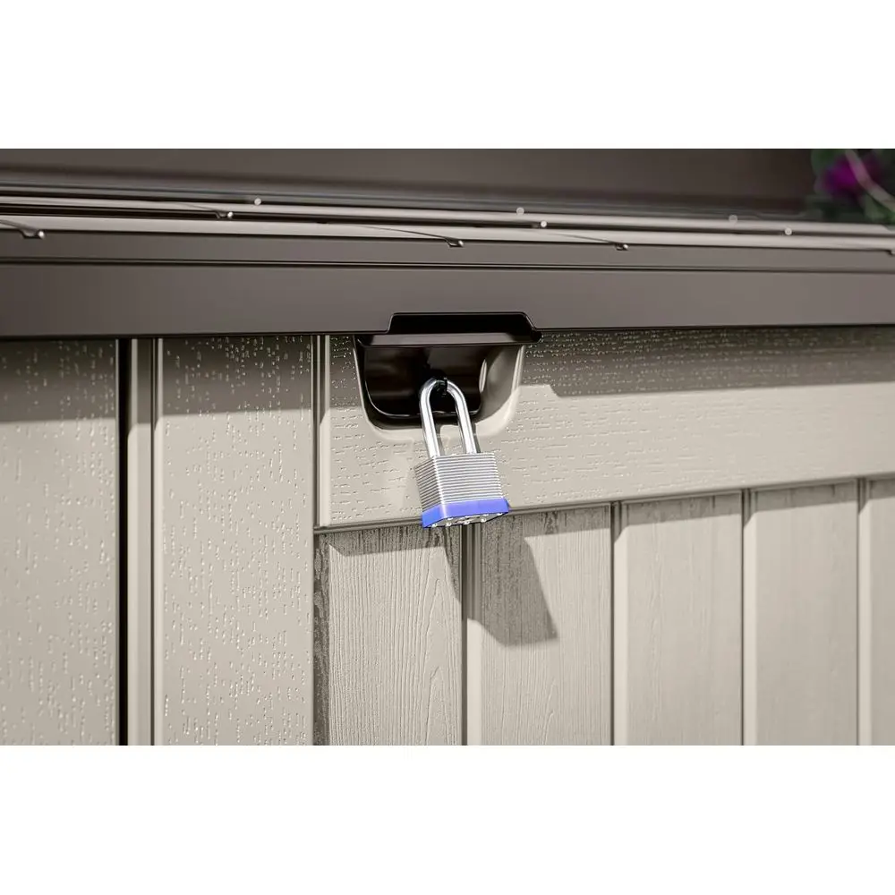 سقيفة تخزين أفقية للاستخدام الخارجي - لمسة نهائية طبيعية تشبه الخشب، راتينج مقاوم للطقس، غطاء مفصلي، أرضية معززة - الولايات المتحدة الأمريكية