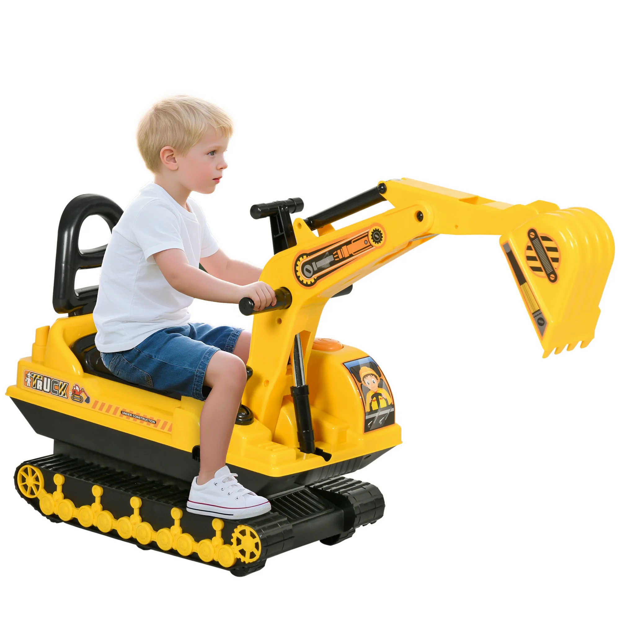 Excavateur à siège avec houpe à pale, Excavateur pour enfants avec espace de rangement sous siège, véhicule de fouillage à glisser pour siège jusqu'à 30kg, Excavateur à sable pour enfants 1,5-4 ans jaune