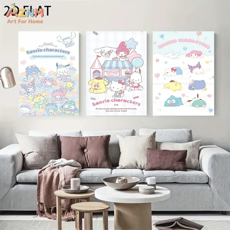 AZNM Unframed Canvas Wall Art Sanrio Characters Carnival Popcorn Cart Cute Cartoon Poster Pastel Cloud Print Girls Bedroom