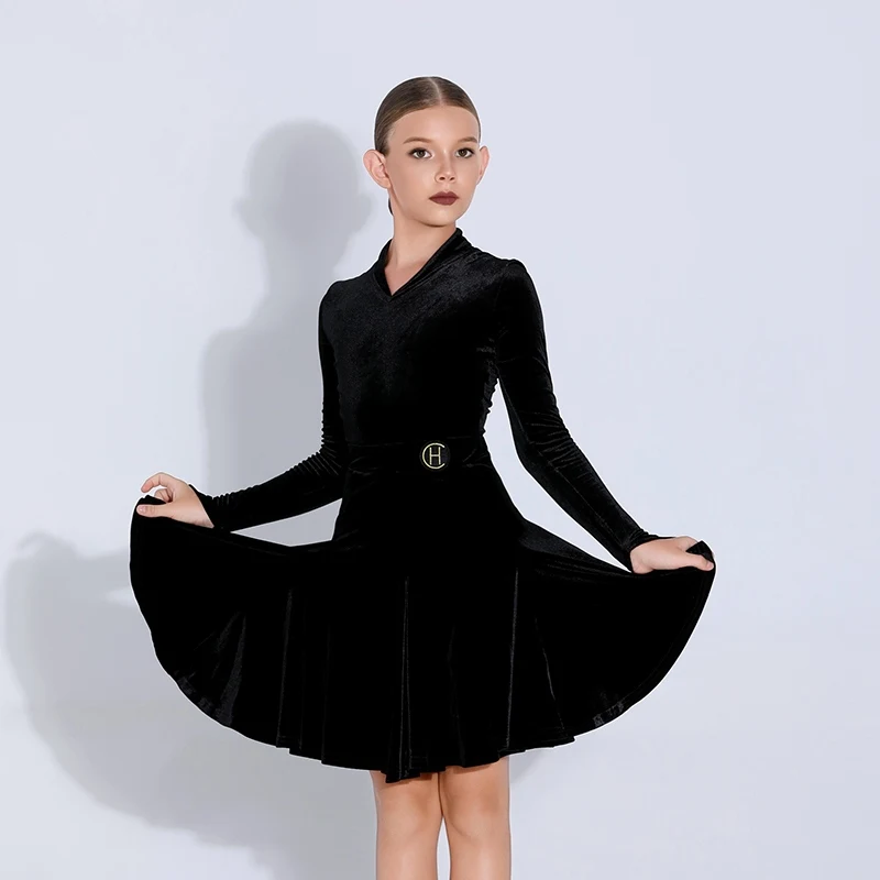 

Professional Latin Dance Competition Clothing For Girls Velvet Black Latin Dance Practice Suit Chacha Samba Latin Wear DQS18706
