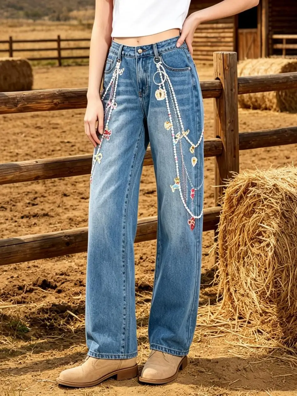 【HME】Jeans | Women Faux Pearl Chain Print Denim Pants, High-Waist Straight Wide Leg Denim Jeans, Medium Vintage Blue Distressed Wash, Draped Loose Leg To Flatter Figure, Sweet Cool Western Style, Eye-Catching Casual Pants For Outings & Shopping