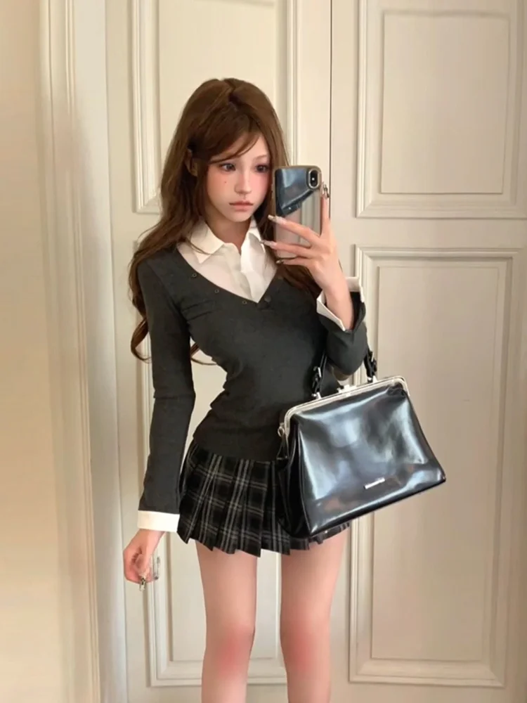 

Стильный комплект XZY: вязаный топ в клетку и плиссированная юбка для женщин больших размеров, корейский стиль, модный образ для ранней осени.