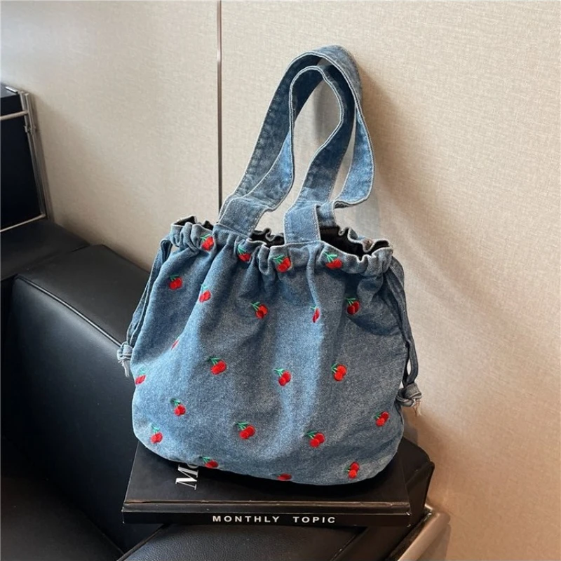 Casual Simple Bucket Bag 2025 Autumn Versatile Cherry Embroidery Underarm Shoulder Bag Large Capacity Niche Design Denim Handbag