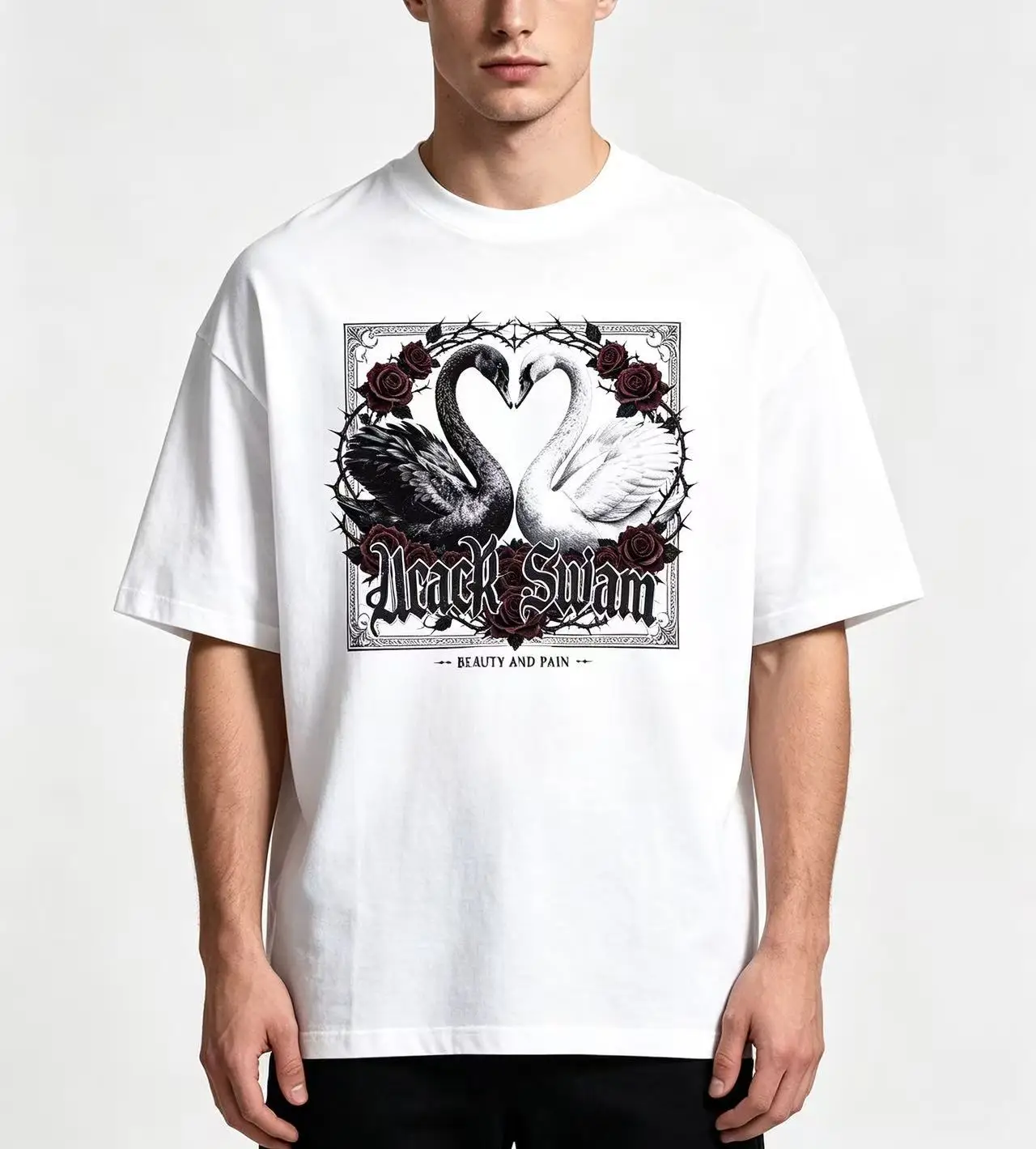 Unisex Men Women T‑Shirt Oversized Black White Swan Rose Thorn Gothic Dark Vintage Print Tees Casual Loose Short Sleeve Tops Streetwear Cotton Tshirt