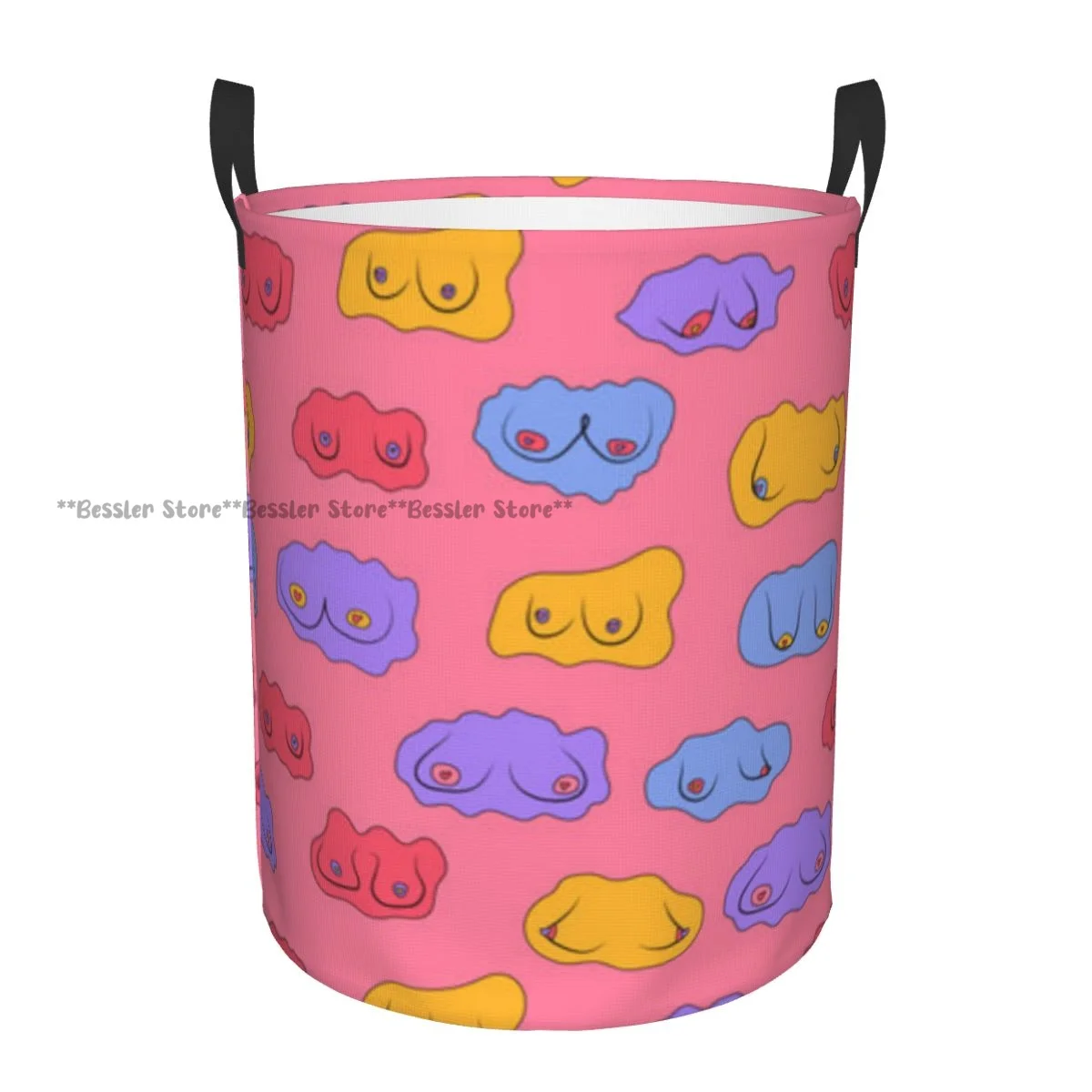 Laundry Basket Colorful Boobs Illustrations Round Storage Bin Collapsible Hamper Clothes Bucket Organizer