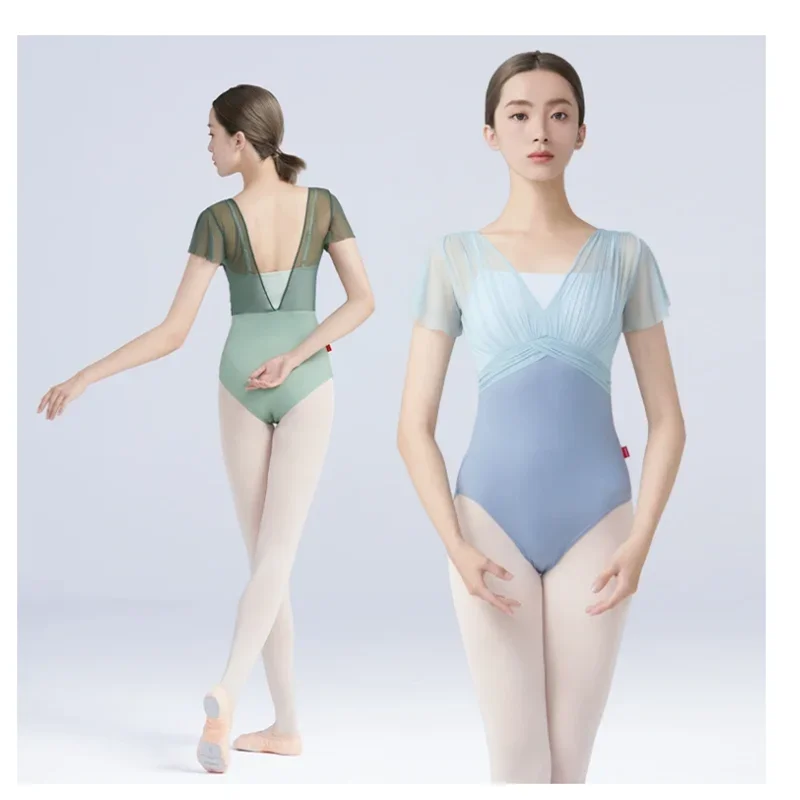 Balletmaillots Voor Dames Volwassenen Zonder Rugleuning Met Ruches Mouw Mesh Kanten Danskostuum Gym Yoga Badkleding Gymnastiekturnpakje Bodysuit