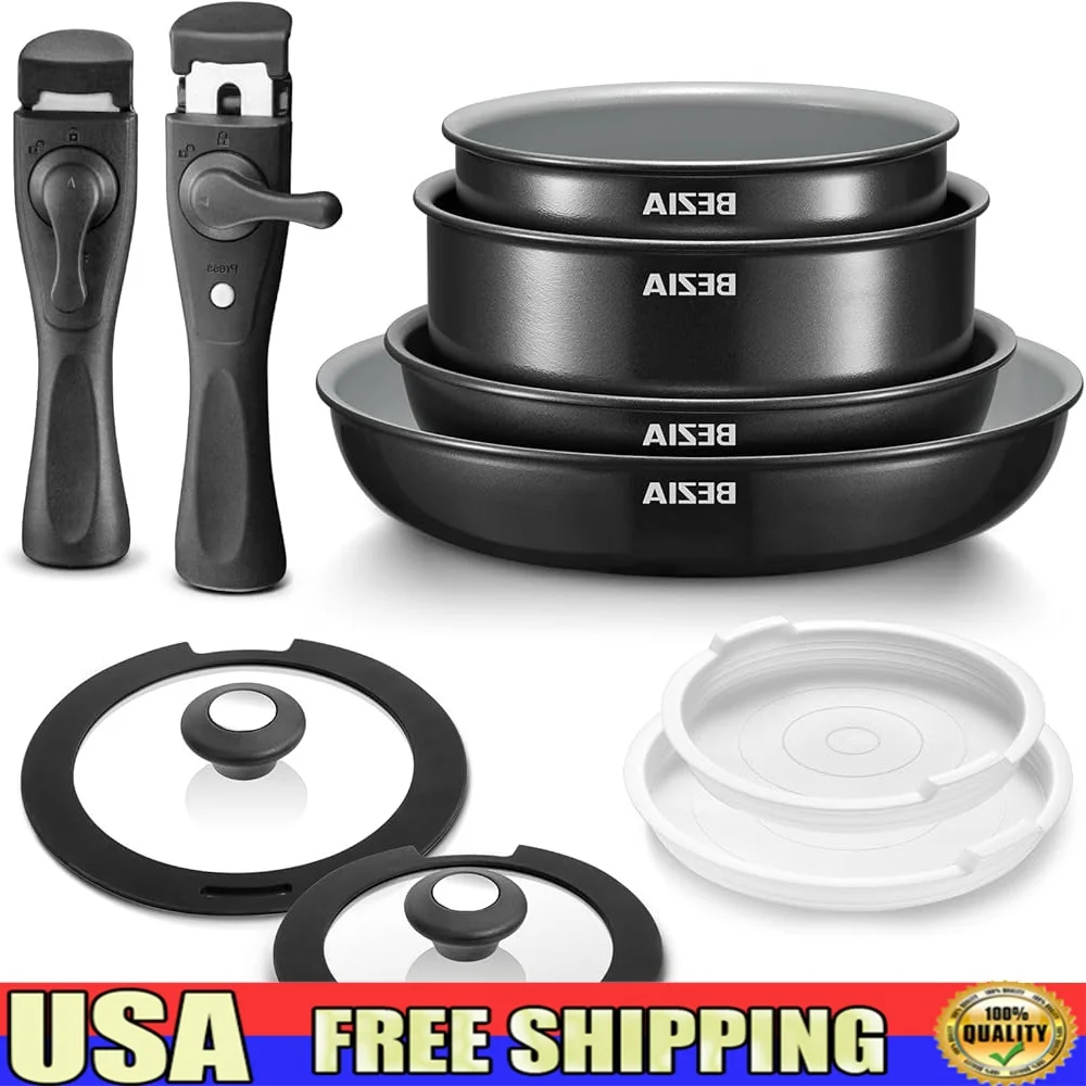 

Induction Cookware Set Detachable Handles Nonstick Ceramic Pots Pans 10pcs Stackable Space Saving Easy Clean Compatible All