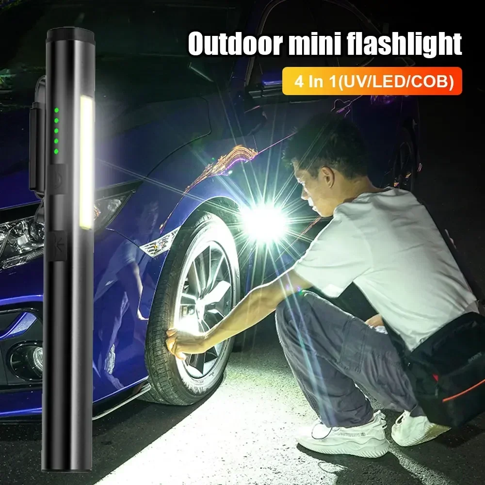 Multifunctional 4 in 1 365NM UV Flashlight Mini USB Rechargeable Pen Clip Flashlight Purple Light Money Inspection COB Work Lamp