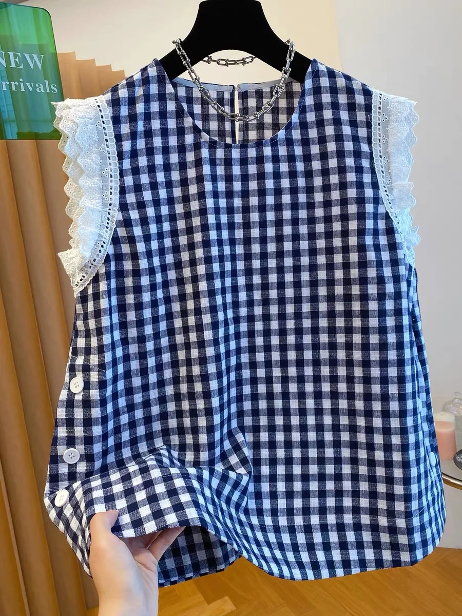 

Cotton Linen Sleeveless Tops Women's Summer 2025 New Loose Shirt Navy Blue Plaid Doll Shirt Tops Tees