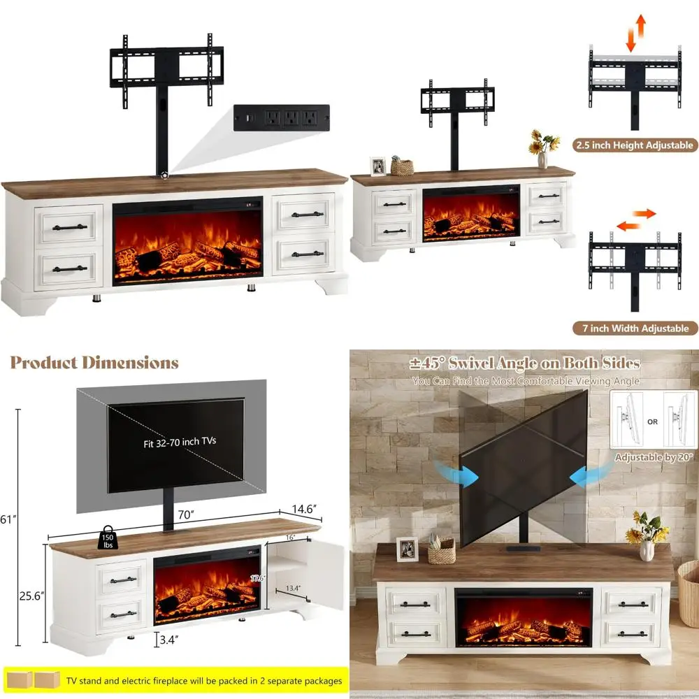 Soporte para TV con chimenea eléctrica de 70 pulgadas, centro de entretenimiento estilo granja con 30 chimenea y tomas de corriente para televisores de 32 a 70