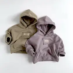 2025 Winter New Children Hooded Fleece Sweatshirt Cotton Boys Girls Versatile Tops Plus Velvet Thick Kids Casual Letter Hoodie