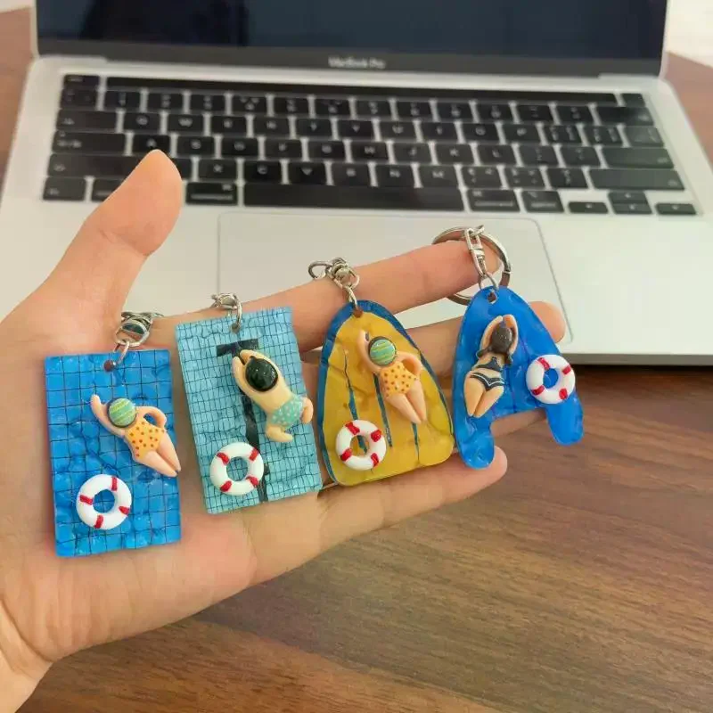 Pool Keychain Swimming Car Key Ring Blue Yellow Colorful Pendant for Men Women Teenagers Daily Use Sports Bags