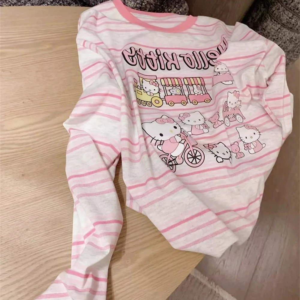 

Hello Kitty Cotton Long Sleeved T-Shirt Short Tops Cartoon Versatile Sanrioed Cute Comfort Round Neck Slim Fit Tops Sweet Girl