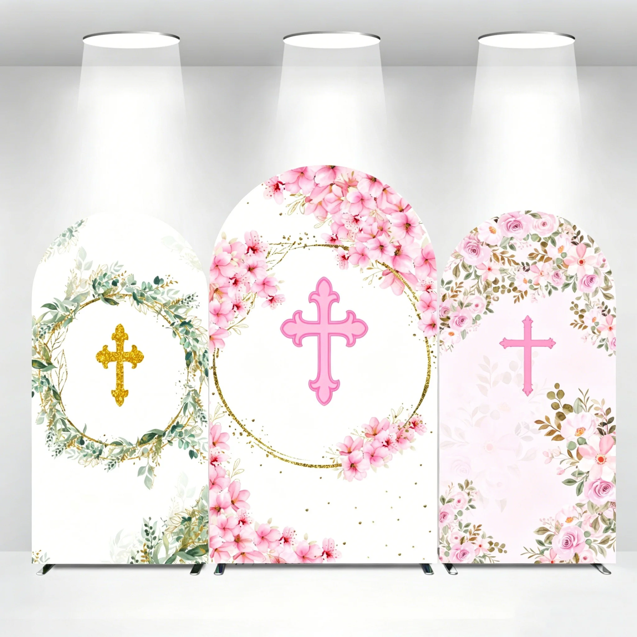 LS Custom Pink Floral Baptism God Bless Cross First Communion Party Baby Shower Cover Chiara Arch Background Decor Backdrops