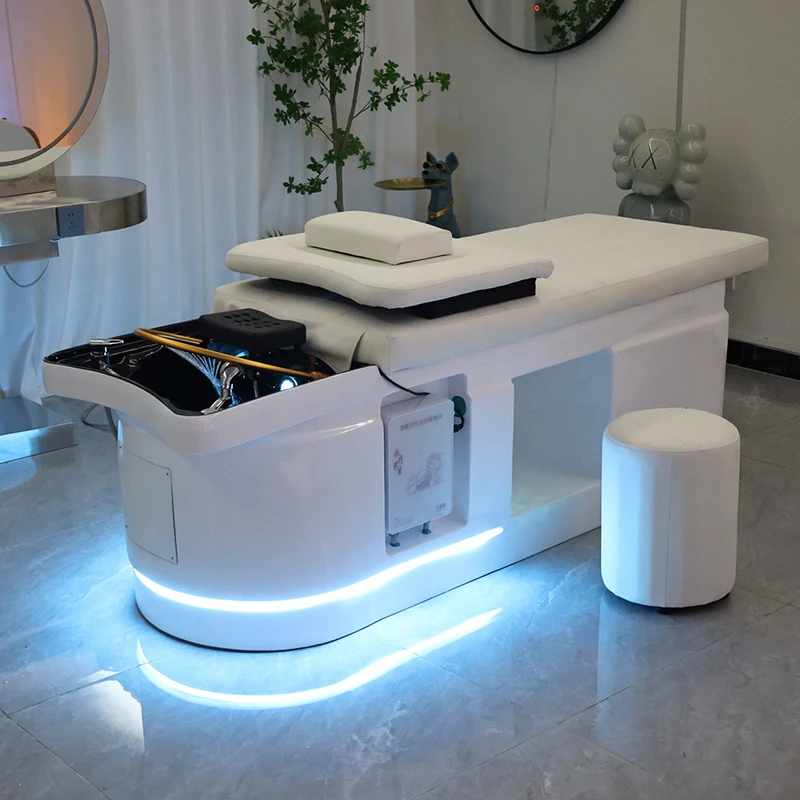 

High End Barbershop Furniture Modern Thai Style Lay Down Washing Chair Bed Luxury Head Therapy Spa Shampoo Bed with Lights