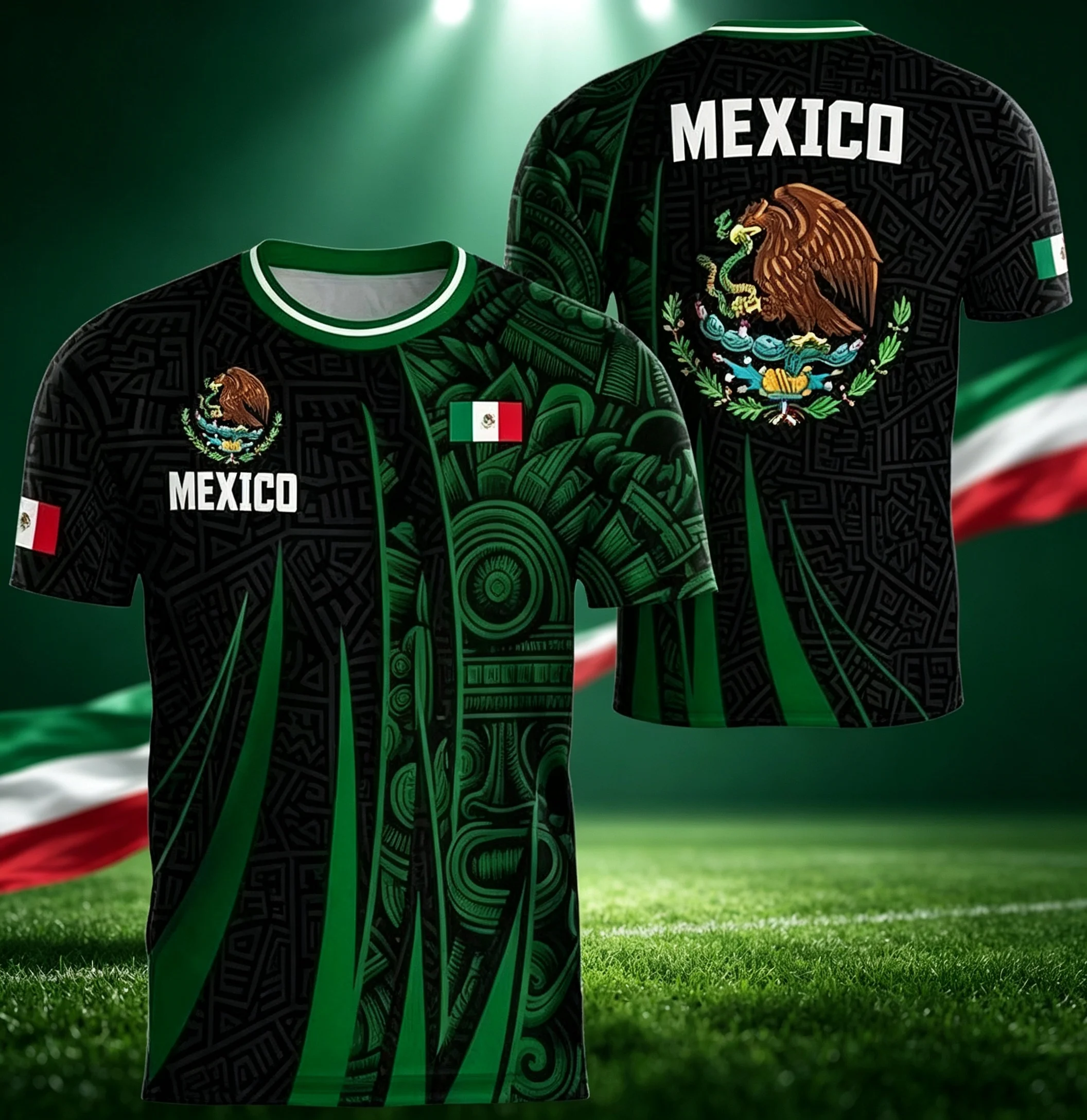 Aztec Tribal Pattern Men's Summer T Shirt Mexico Eagle Flag Double Sided Print Crew Neck Short Sleeve Soccer Jersey Tee