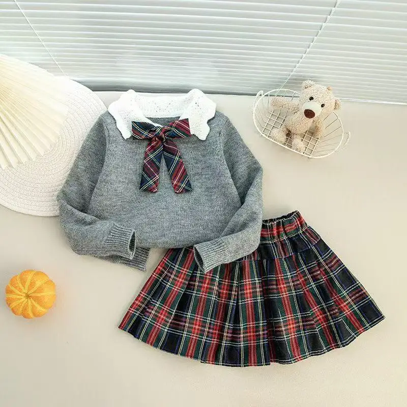

Baby Girl Outfit Set New Kids Boutique Clothes Girls preppy Style Gray Sweater + Plaid Skirt 2-piece Set Kawaii knitwear 2-7Year