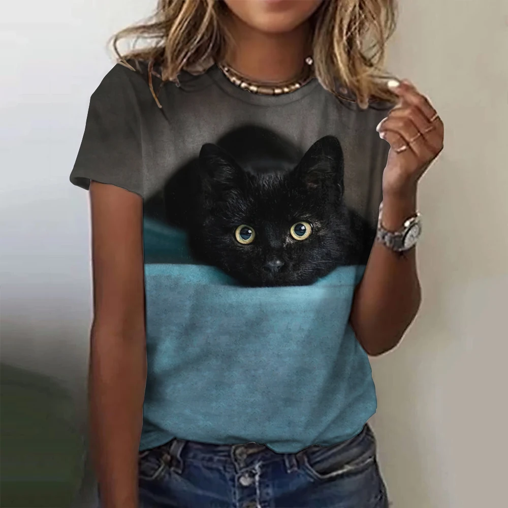 Harajuku lässig Kurzarm Top T-Shirt o Hals übergroße weibliche Kleidung Cartoon Katze Frauen T-Shirts niedlichen Tier 3D-Druck T-Shirt