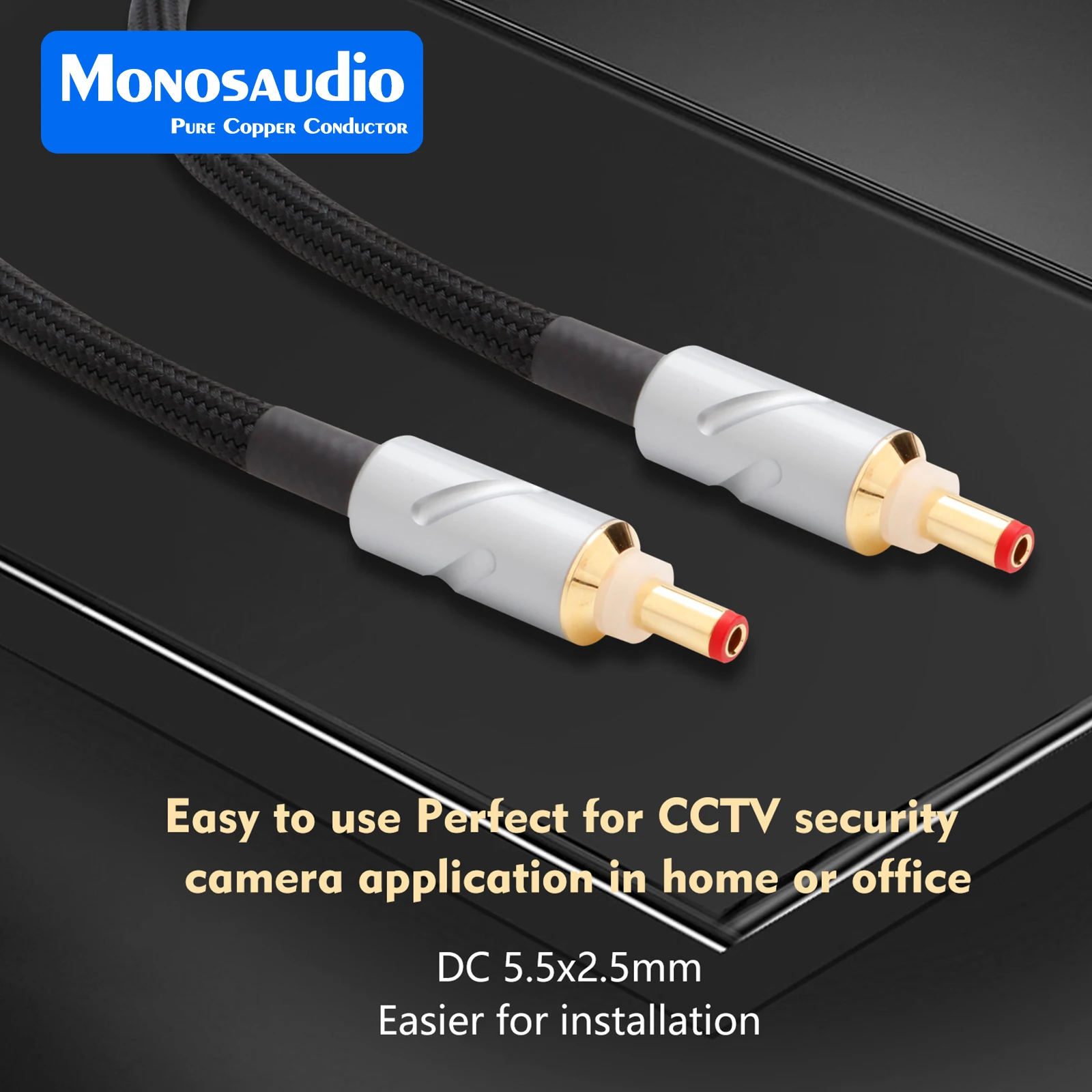 Monosaudio DC25 Pure Silver DC Extension Cable with Gold Plated 5.5X2.5mm DC Connector for CCTV Camera Security CCTV Camera