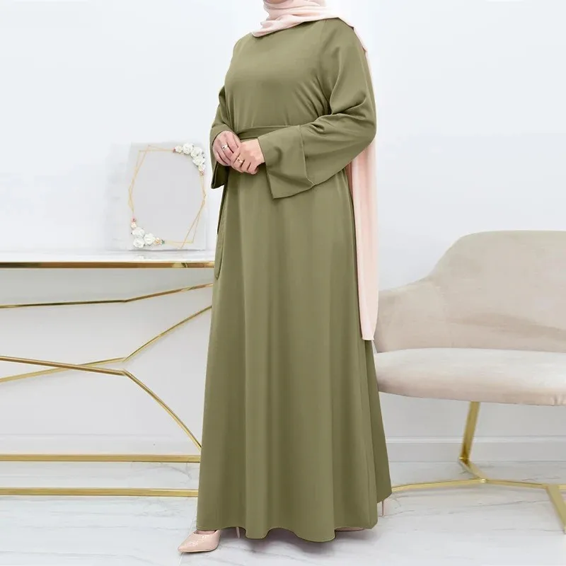 Vintage Spring Muslim Dress Malay Simple Solid Women Abaya O-neck with Belt Big Size Long Sleeves Robe Femme Loose Turkey Kaftan