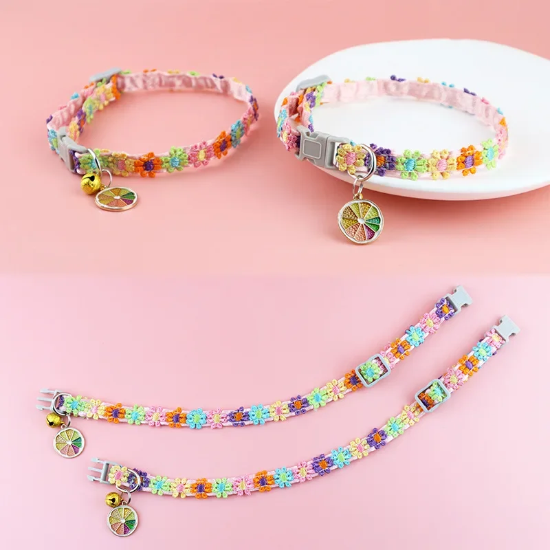 Adjustable Cat Collar Cute Lace Flower Decoration Pet Collar with Bell Alloy Pendant for Cats Puppy Kitten Accessories Chihuahua