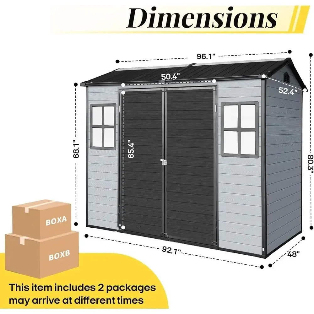 8x4ft Outdoor Storage Shed with Floor and 2 Windows, Plastic, Black and Grey