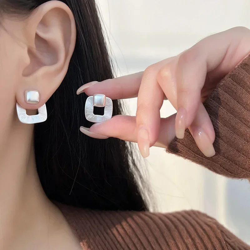 Pendientes cuadrados geométricos de Plata de Ley 925 para mujer, Pendiente de boda para fiesta, joyería para Piercing, oreja colgante trasera mate