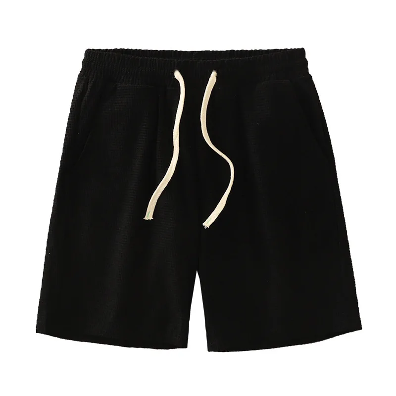 Männer Shorts Einfarbig Mittlere Taille Sommer Bewegung Waffel Textur Tiefem Schritt Kordelzug Männliche Shorts Lose Knie Länge Casual Kurze – Detail 5
