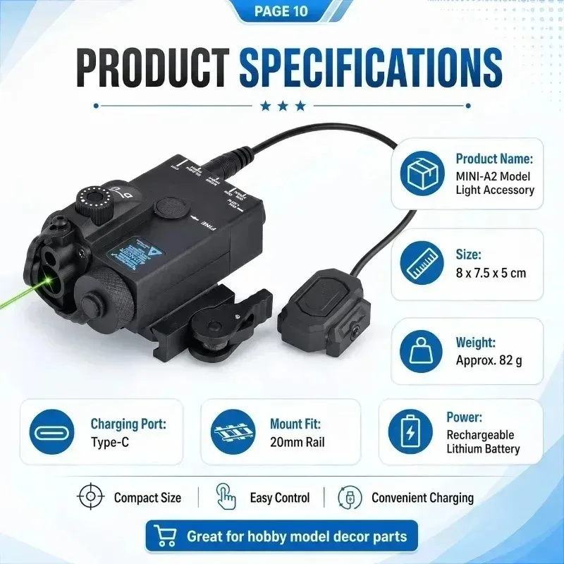 Hobby Collectible MINI‑A2 PEQ15 Model Lighting Accessory Red Green IR Light Fit 20mm Picatinny Rail Replacement Parts