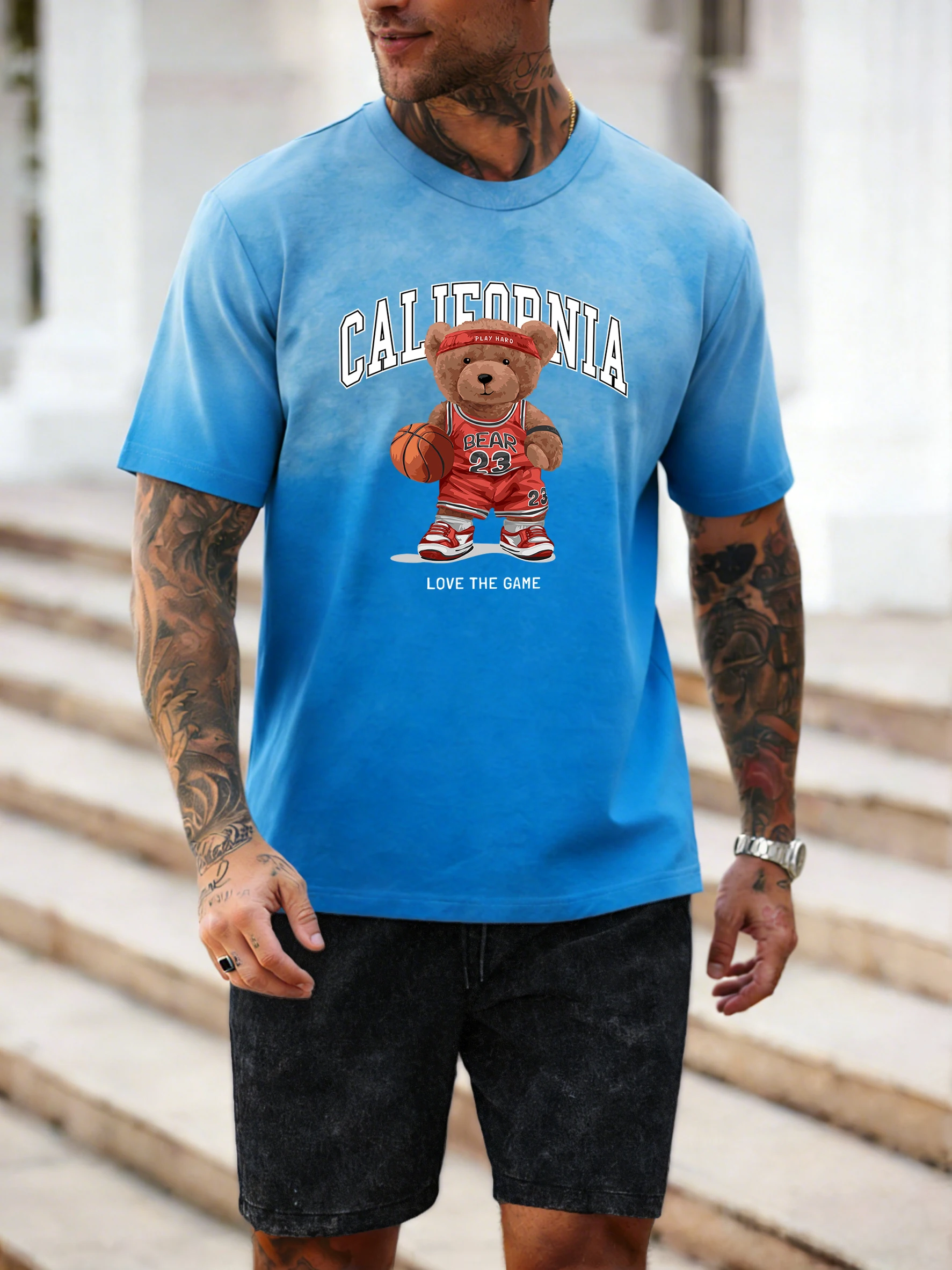 

Мужская футболка с принтом California Baskerball Bear, простая футболка с эффектом тай-дай, модные хлопковые футболки, мягкая одежда унисекс с круглым вырезом, летний комплект с шортами