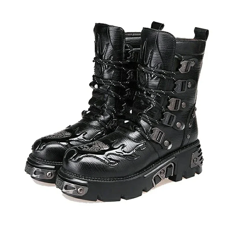 

Retro Men's Genuine Leather Motorcycle Boots Gothic Punk Platform Thick Sole Winter Warm Mid-Calf Combat Boots Fashion48