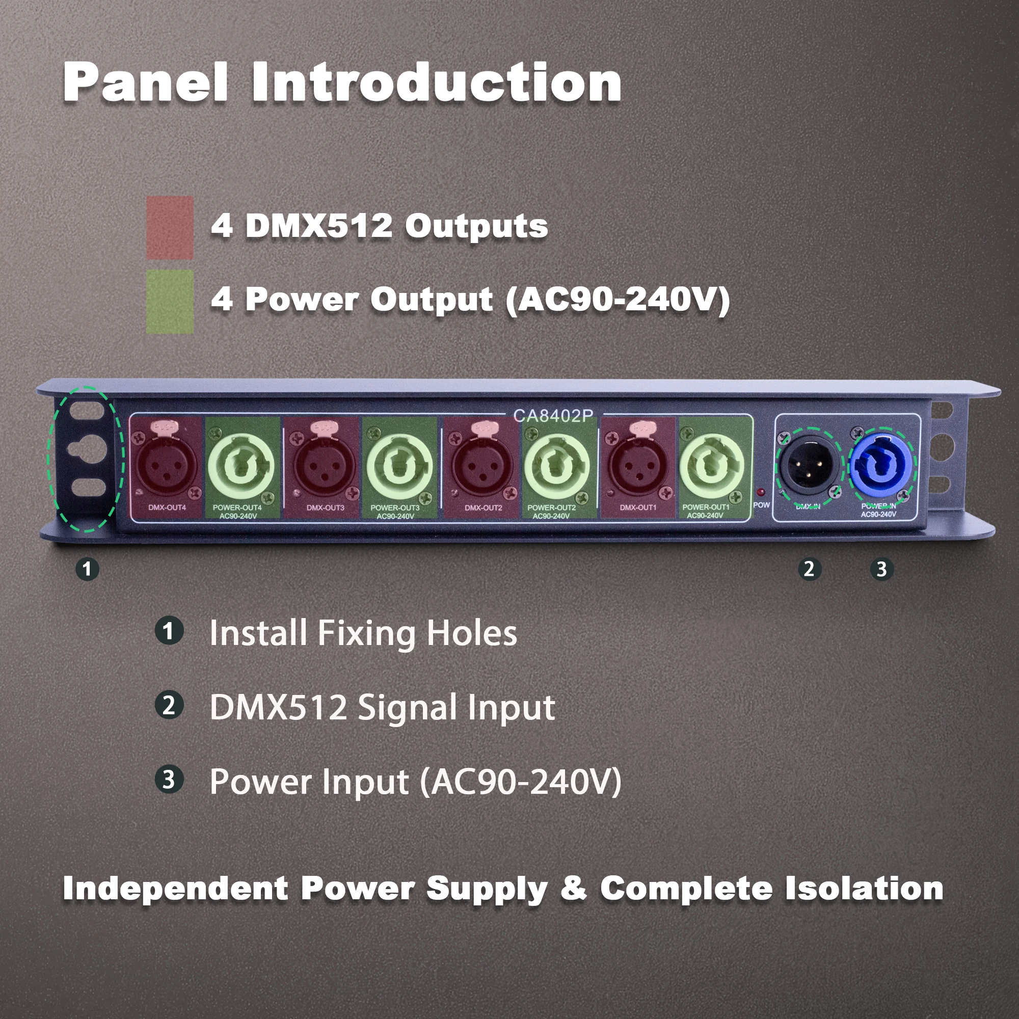 Pknight DMX512 Signal Splitter Amplifier, 1 In 4 Out Optically Isolated DMX Distributor with Independent Power & RS485 Isolation