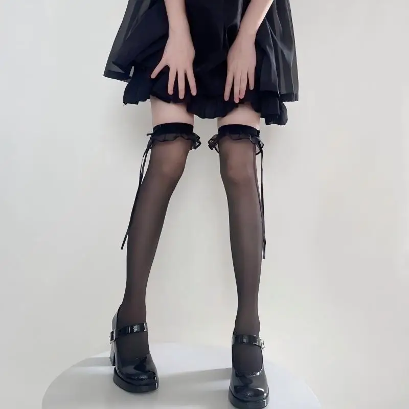1 Pair Lace Lace Socks Long Tube Socks Bow Over Knee Silk Socks Lolita Calf Socks Loop Pure Desire Silk Stockings