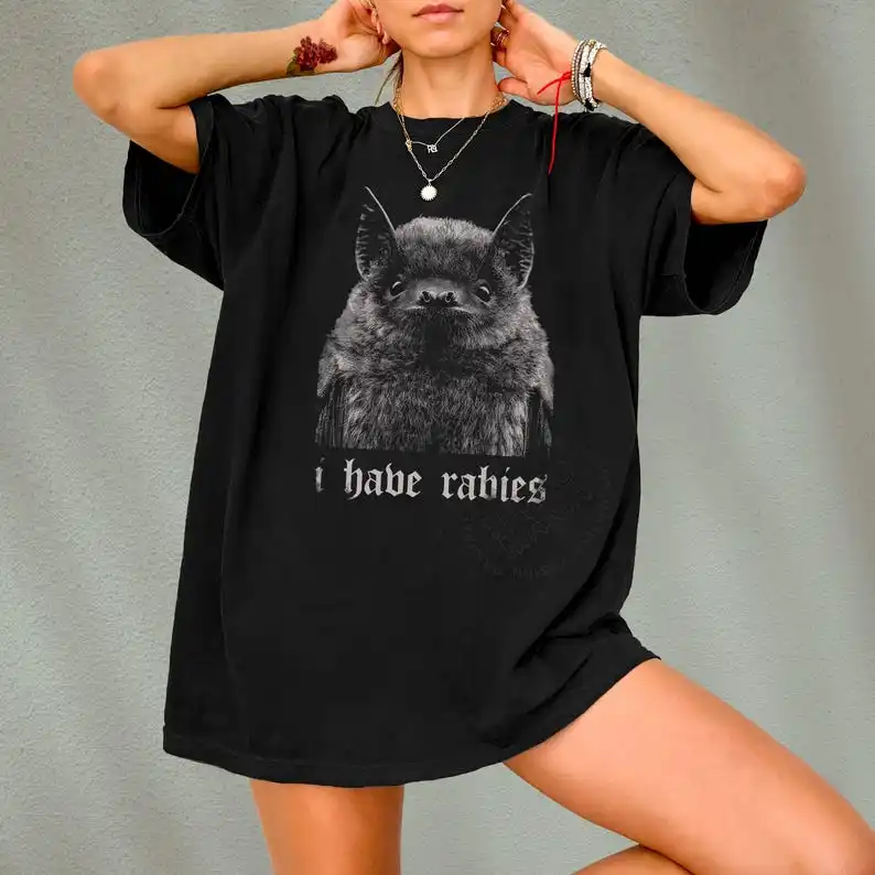 Vintage Bat Dark Humor Graphic T-Shirt (Bat-Rabies Meme Phrase + Distressed Base + Edgy Playful Casual Style) T-shirt