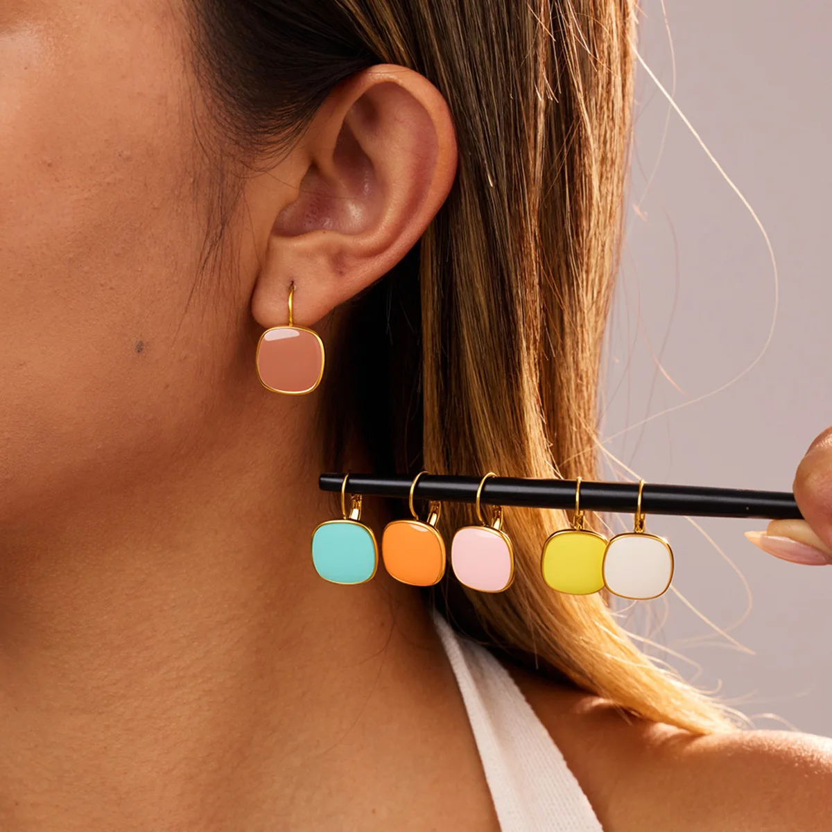 Joyful Candy Multicolor Enamel Square Hoop Earrings 18K Golden Plated Stainless Steel Spring Summer Jewelry Waterproof